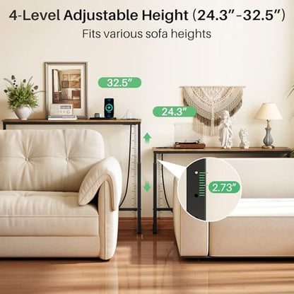 94.5" Extra Long Behind Couch Table, Adjustable Height Narrow Console Table with 2 Power Strips, Split Design for Separate Wall Use, Anti-Scratch Tip, Rustic Brown for Living Room