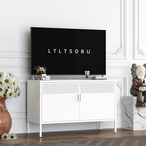 White metal storage cabinet TV stand with two doors, view 2