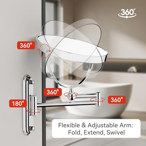 8-Inch Wall Mount Makeup Mirror with 20X Magnification for Bathroom - 360° Rotation & Extended Arm Chrome Dual-Sided Bathroom Mirror for Makeup, Skincare for Mom (8in,20X)