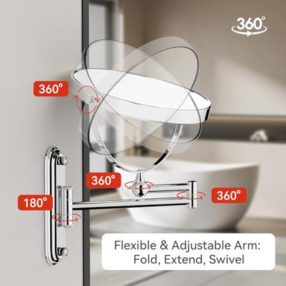 8-Inch Wall Mount Makeup Mirror with 20X Magnification for Bathroom - 360° Rotation & Extended Arm Chrome Dual-Sided Bathroom Mirror for Makeup, Skincare for Mom (8in,20X)