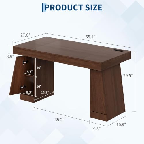 55" Executive Desk w/Power Outlets, Hidden Cabinet Home Office, Brown, view 3