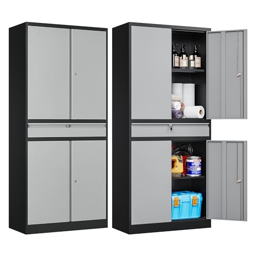 Metal Garage Storage Cabinets with Lockable Doors and Adjustable Shelves, 71" H Tool Cabinet for Home, Office, Warehouse (Black Grey)