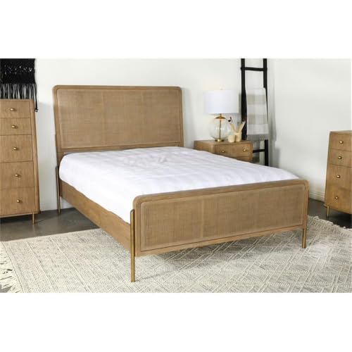 California King Panel Bed, Sand Wash Finish, Woven Rattan Cane Panels, Rubberwood and Metal Frame, Mid-Century Modern Style, Sturdy Bedroom Furniture, 56" H x 65.25" W x 90" D
