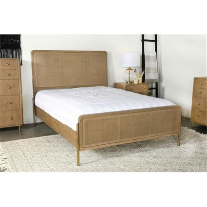 California King Panel Bed, Sand Wash Finish, Woven Rattan Cane Panels, Rubberwood and Metal Frame, Mid-Century Modern Style, Sturdy Bedroom Furniture, 56" H x 65.25" W x 90" D