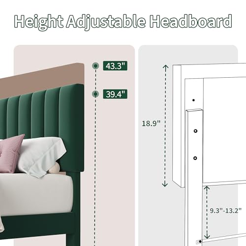Queen Size Platform Bed Frame with Upholstered Headboard, Dark Green, view 6
