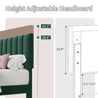 Queen Size Platform Bed Frame with Upholstered Headboard, Dark Green, view 6