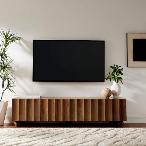 Sorren 71 Inch Scalloped TV Stand in Walnut – 4 Door Media Console Cabinet –, view 3