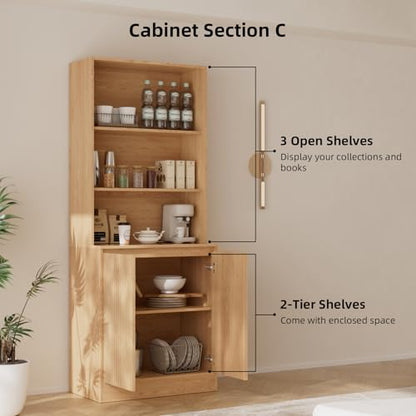 Tall Bookcase with Glass Doors,71'' Wooden Bookshelf with Storage,Display Cabinet for Living Room, Home Office (C)