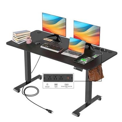Electric Standing Desk, 55x24in Adjustable Height Computer Desk with Wheels, Sit-Stand Desk with Charging Station, 2 USB Ports, 3 Power Outlets, Spacious Workstation for Home Office(Black)
