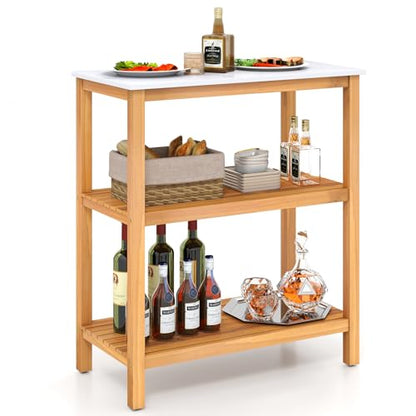 Patio Wooden Sideboard, 3-Tier Acacia Outdoor Kitchen Buffet Organizer w/Marble-Like Countertop & 2 Slatted Shelves, Garden Potting Bench Table & Plant Stand for Backyard, Garden, Deck