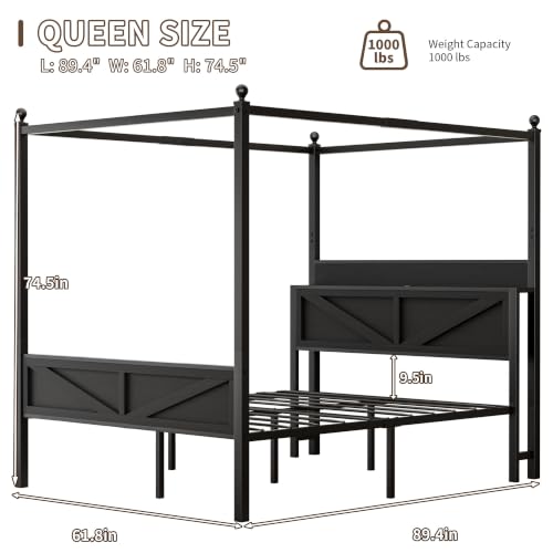 Canopy Bed Frame Queen Size with Barn Storage Headboard, Black‌, view 3