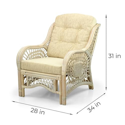 Malibu Lounge Set of 2 Natural ECO Rattan Wicker Chairs, Loveseat with Cream Cushion and Coffee Table w/Glass Handmade, White Color