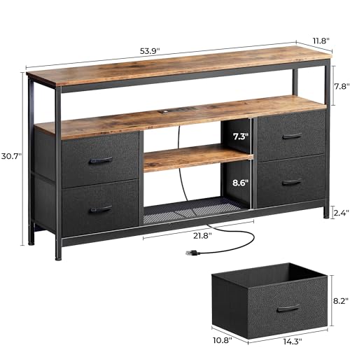 TV Stand Dresser with Power Outlets and LED Lights, 4 Drawers Entertainment Center with Shelves, 54 Inch Media Console for 55 60 Inch TV, PU Finish, Rustic Brown and Black