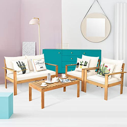 4 Piece Patio Furniture Set Outdoor Conversation Set Wood Sofa Table Set with Cushions, Acacia Wood Chairs & Coffee Table Set for Garden Backyard Poolside
