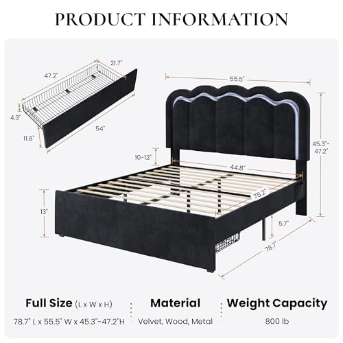 Full Size Bed Frame with LED Lights and Storage Drawer, Black, view 3
