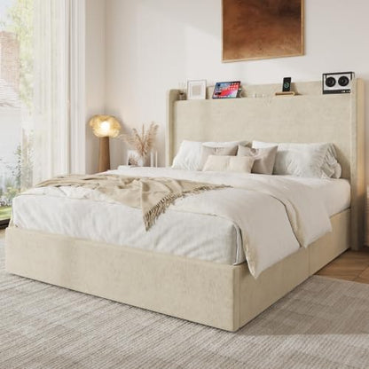Queen Bed Frame Greige Chenille Storage, view 4