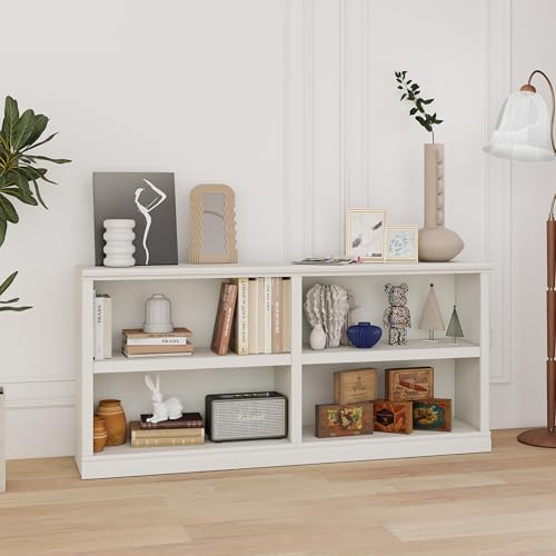 White Bookshelf Double Wide 64“ 2-Tier Bookcase 4 Cube Storage Organizer Wooden Bookcases for Bedroom and Home Office Decor Display