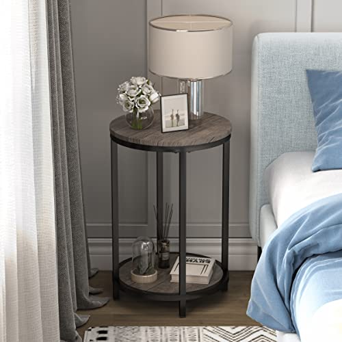 Round Side Table Set of 2,16in Rustic Wooden End Table Surface Top & Sturdy Metal Legs Nightstand for Living Room Bedroom Farmhouse Sofa Table with Storage Open Shelf,Light Walnut