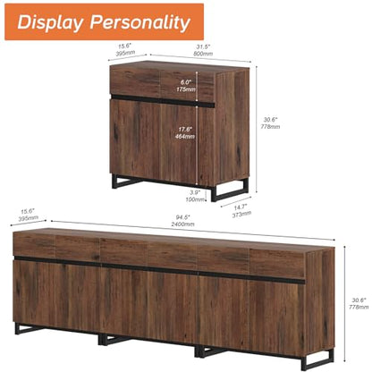 3 in 1 Multifunctional Sideboard Buffet Cabinets, Modern Sideboard with Adjustable Shelf and Metal Base, Coffee Bar Cabinet Storage Cabinet for Living Room, Kitchen, Brown