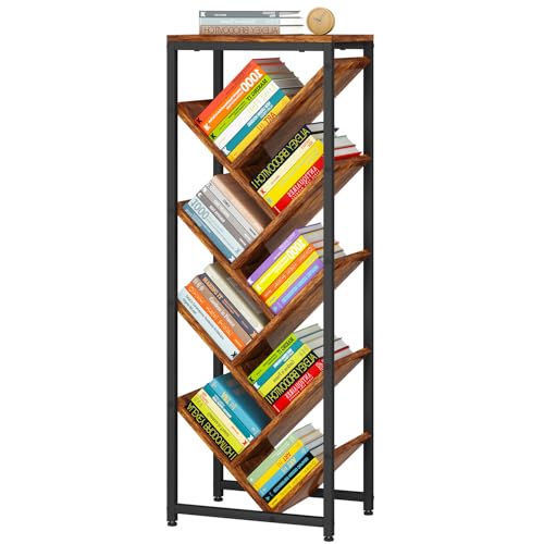 9 Tier Tree Bookshelf with Top Shelf,Brown TBC002H | Floor Standing Bookshelf for Narrow Space Storage Organizer Bookcase Display Rack Corner Bookcase for Bedroom Living Room