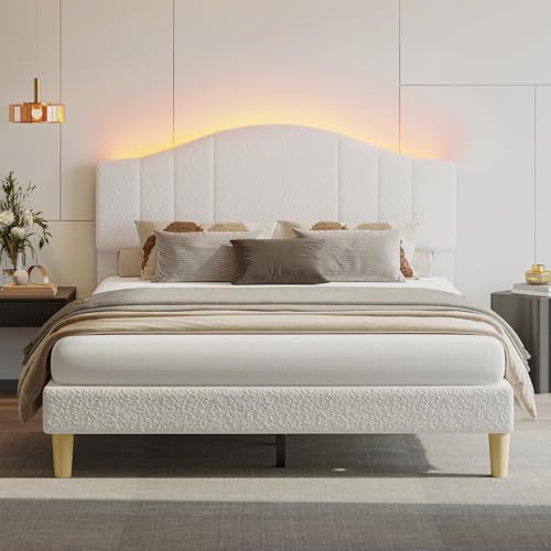 Queen Upholstered Bed Frame, Arc LED Headboard, White Fabric, view 2