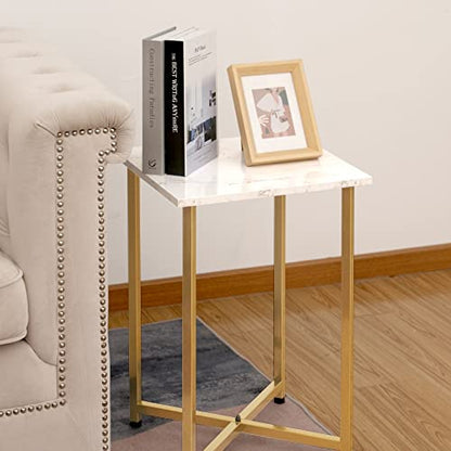 Square End Table, Small Narrow Side Table, Modern Accent White Nightstand with Metal Frame for Living Room, Bedroom, Corners, Bathroom and Office