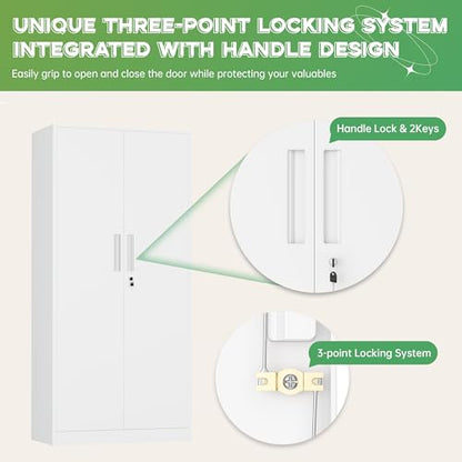 Metal Storage Cabinet, 72" H Lockable Steel Cabinets with Locking Doors, Storage Locker with Adjustable Shelves for Office, Home, Garage, Gym, School (White)