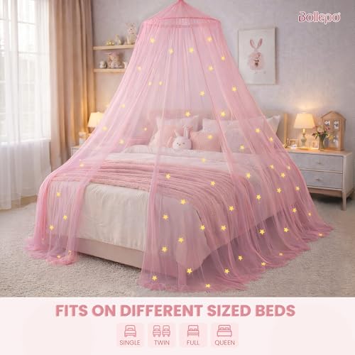 Pink Bed Canopy for Girls with Glowing Stars, Premium Canopy Bed, Fits Single, view 3