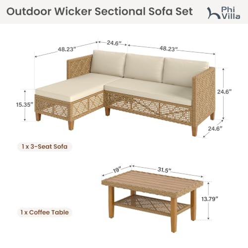 Outdoor Sectional Couch, Wicker Patio Furniture Set with Acacia Wood Coffee Table, L-Shape Small Outdoor Conversation Corner Sofa Set for Deck Porch, Beige