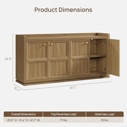 61.7" 4-Door Buffet Sideboard Cabinet Living Room, 2 PCS Brown Oak, view 3