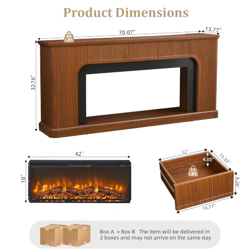 70" Fluted Fireplace TV Stand with 42'' Electric Fireplace, Walnut, view 3