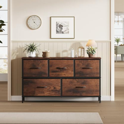 5 Drawer Dresser for Bedroom, Wide Fabric Storage Tower, Brown, view 3
