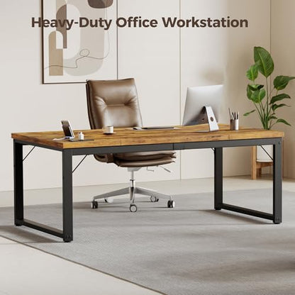 63 Inch Large Computer Desk with Power Outlets, 1.2" Thick Heavy Duty Industrial Office Desk, Modern Simple Study Writing Table for Home Office Bedroom Workstation, Brown