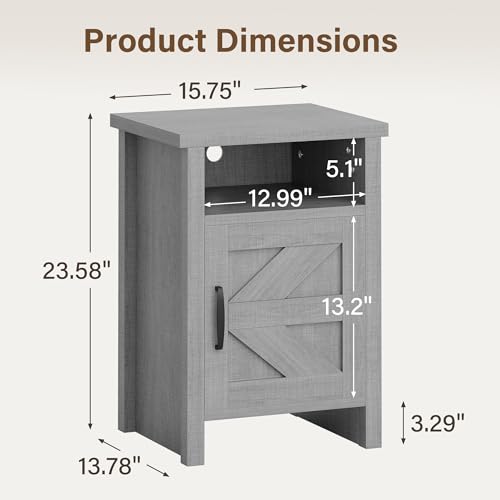Farmhouse Nightstand, Modern Bedside Table with Barn Door and Shelf, Rustic End Table Side Table for Bedroom,Living Room(2, Classic Grey)