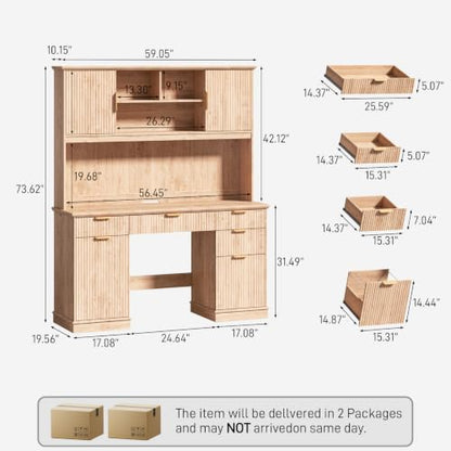Farmhouse Executive Desk with 5 Drawers & 3 Storage Cabinets,Oak, view 3