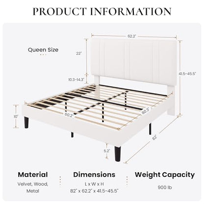 Queen Size Velvet Bed Frame with Adjustable Headboard, White, view 3
