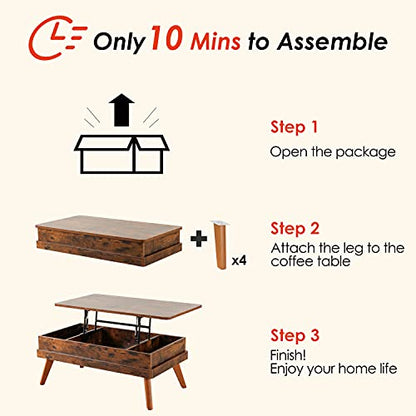 Lift Top Coffee Table, Easy-to-Assembly Center Table with Hidden Storage Compartment, Industrial Lift Tabletop Dining Table for Living Room Reception/Home Office, Rustic Brown