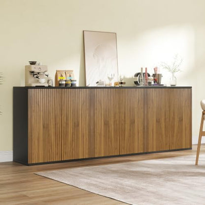 Buffet Cabinet with Storage Walnut Fluted Wooden Accent Sideboard with Pop-Up, view 2