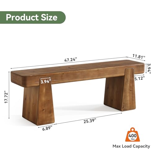 Solid Wood Dining Bench, 47" Farmhouse Dining Table Bench with Thickened Legs, Heavy Duty Wooden Bench Indoor for Enyryway, Living Dining Room, Hallway, Kitchen, Bedroom, Dark Brown