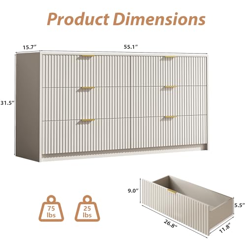 55" Wide Fluted 6-Drawer Double Dresser for Bedroom, Beige, view 3