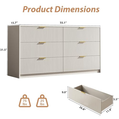 55" Wide Fluted 6-Drawer Double Dresser for Bedroom, Beige, view 3