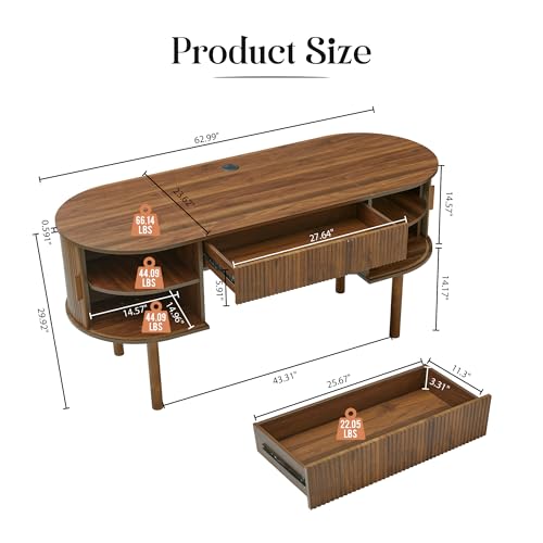 Executive Office Desk with Storage, 63 Inch Large Computer Workstation Desk with Drawer and File Cabinets, Mid Century Modern Fluted Wood Writing Desk for Home Office, Study Room, Living Room, Walnut