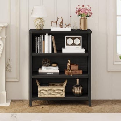 Small Black Bookshelf, 3 Tier Short Book Shelf, Farmhouse Bookcase Storage Organizer, Wooden Book Cases for Small Space, Office, Bedroom, Living Room, Apartment (Black Oak)