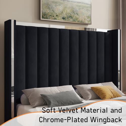 Queen Upholstered Bed Frame with 58" Tall Headboard,Black, view 4