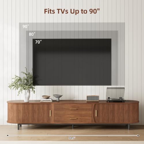 94.5" TV Stand with Storage Cabinets Drawers, Walnut Entertainment Center, view 6