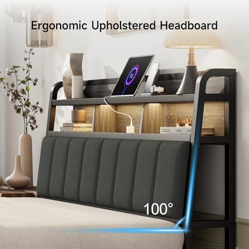 Queen Headboard Only with Storage, Charging Station, Black & Grey, view 6
