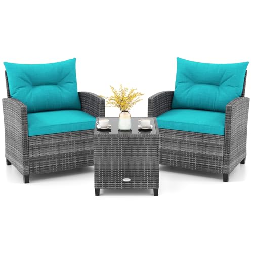 3 Piece Patio Furniture Set, Outdoor PE Rattan Conversation Set with Washable Cushions & Tempered Glass Tabletop, Wicker Chairs and Table Set for Porch, Garden, Balcony (Turquoise)