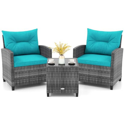 3 Piece Patio Furniture Set, Outdoor PE Rattan Conversation Set with Washable Cushions & Tempered Glass Tabletop, Wicker Chairs and Table Set for Porch, Garden, Balcony (Turquoise)
