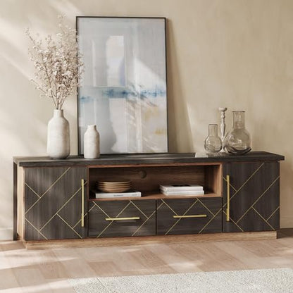 70 Inch Modern TV Stand with Gold Trim, Elegant Entertainment Center with Storage, Media Console Table with Drawers & Open Shelves for Living Room (Espresso Black)