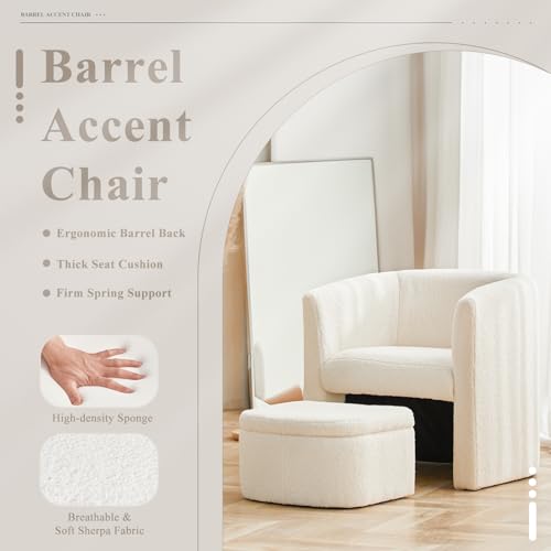 Upholstered Sherpa Barrel Accent Chair with Storage Ottoman, Morden Living Room Side Chair, Single Sofa Armchair with Lounge Seat for Bedroom/Office/Reading Spaces, Cream